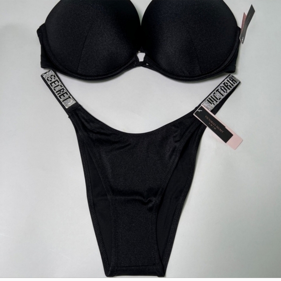 Victoria Secret 34B S Bombshell Push Up Top Bikini Set Shine Strap LOGO Black - Picture 4 of 4